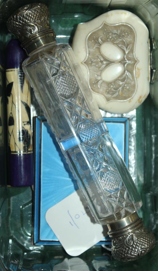 Silver & guilloche enamel cigarette case, carved ivory purse, etui & a double-ended glass scent bottle (plated mounts)